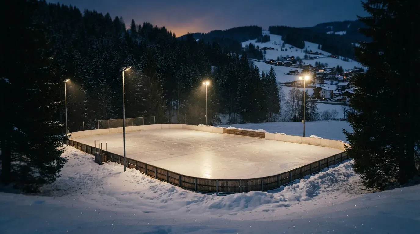 Aus der Ferne ist eine Eisbahn unter Flutlicht in der Winterdämmerung zu sehen, am Rand liegt frischer Schnee.