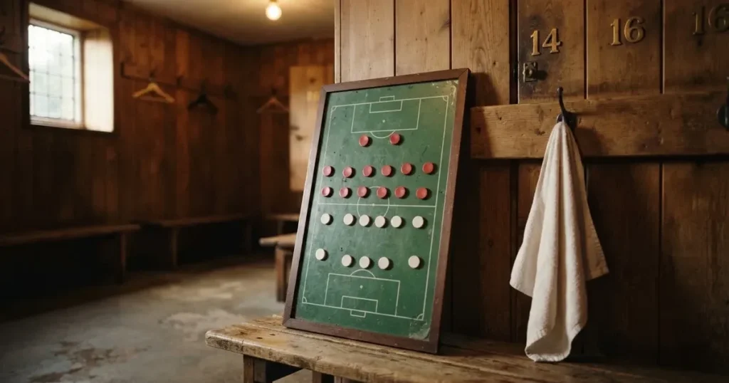 Eine Taktiktafel mit farbigen Magnetfiguren auf grünem Feld steht in einer leeren Kabine, neben ihr hängt ein Handtuch.