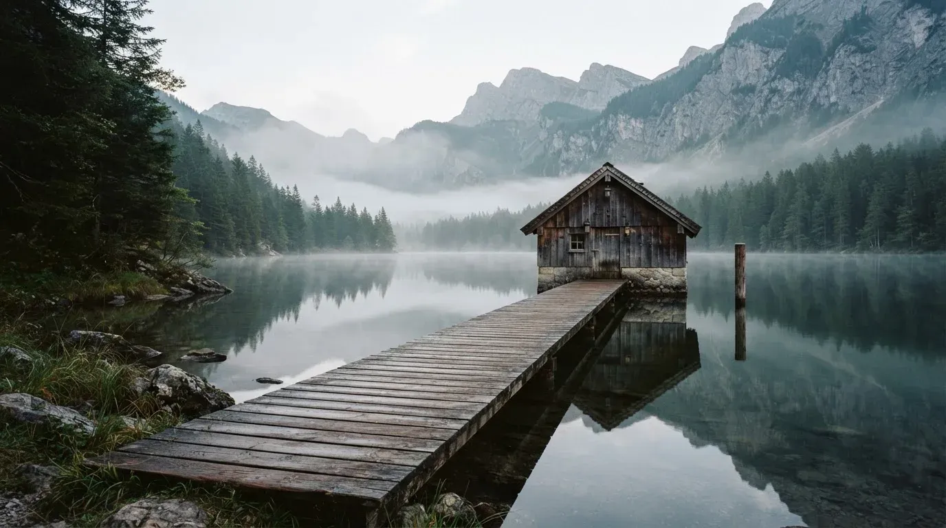 Ein Holzsteg führt über einen ruhigen Bergsee zu einem kleinen Bootshaus, über dem Wasser hängt Morgennebel.
