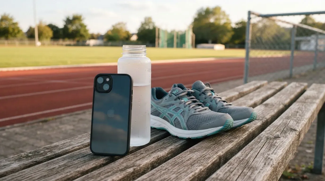 Ein Smartphone mit dunklem Bildschirm lehnt an einer Wasserflasche, daneben stehen Laufschuhe auf einer Bank am Sportplatz.