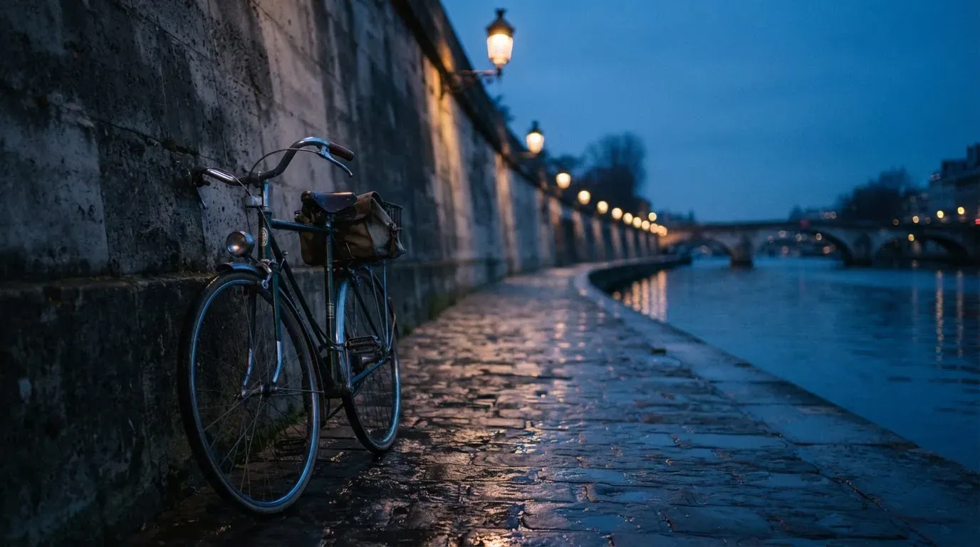 Ein Velo lehnt an einer Steinmauer am Ufer eines Flusses, die Strassenlaternen leuchten in der Dämmerung.