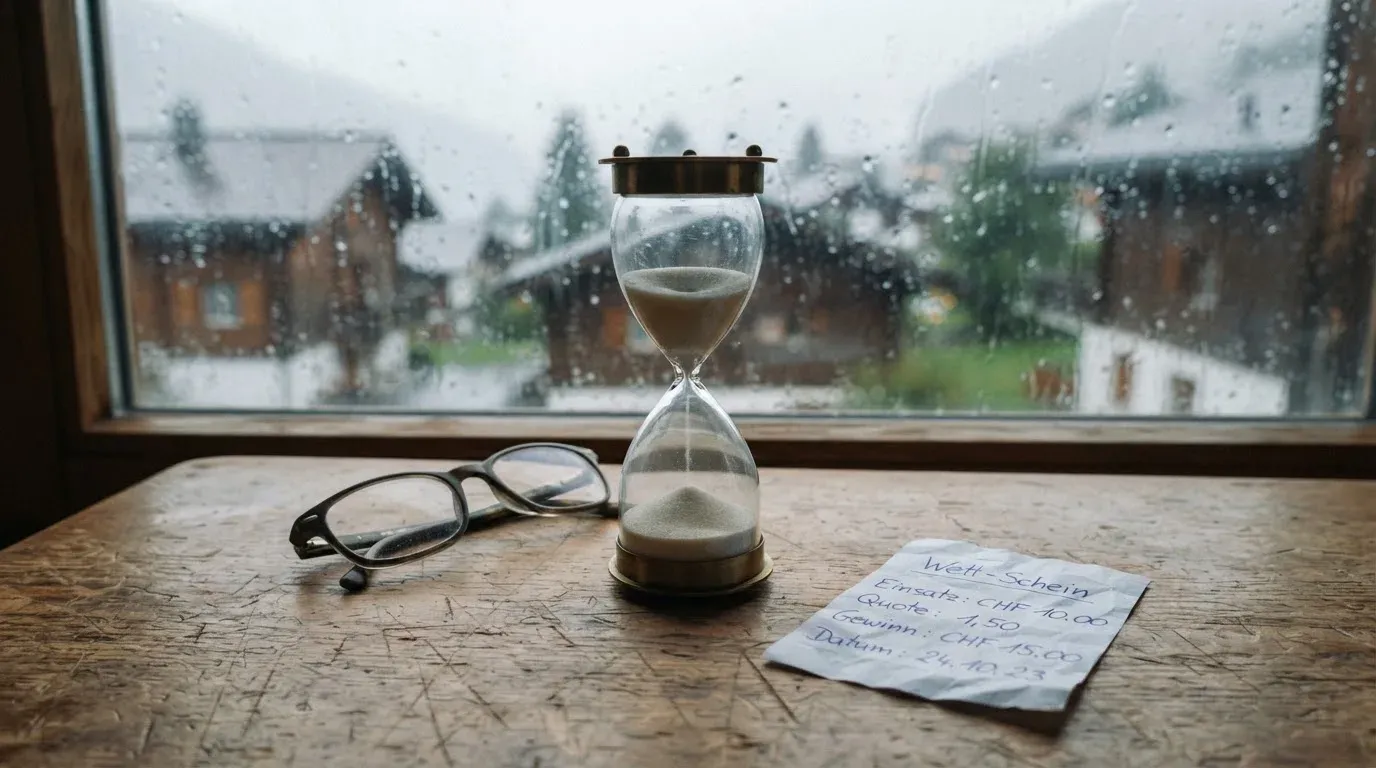Eine Sanduhr steht auf einem Holztisch neben einer Brille, hinter dem Fenster laufen Regentropfen über das Glas.
