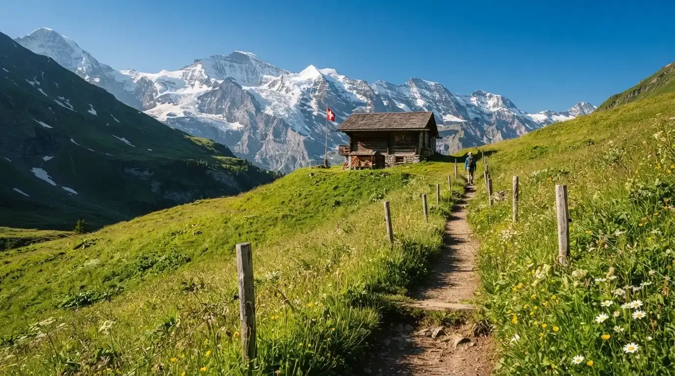 Ein Wanderweg führt über eine Alpwiese zu einem Holzchalet, dahinter ragen verschneite Gipfel in den Himmel.
