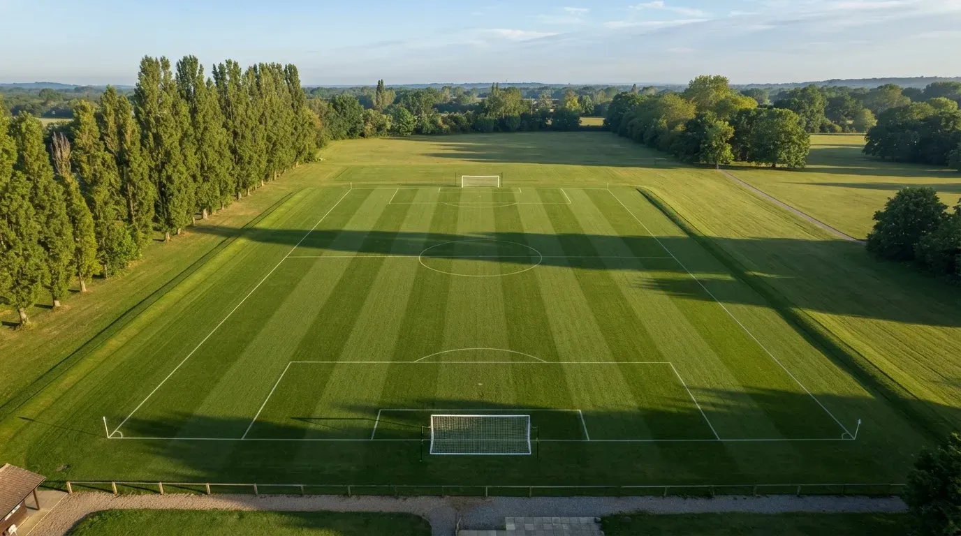Ein leerer Fussballplatz mit weissen Linien von oben gesehen im Morgenlicht, am Rand stehen zwei Tore und eine Reihe Pappeln.