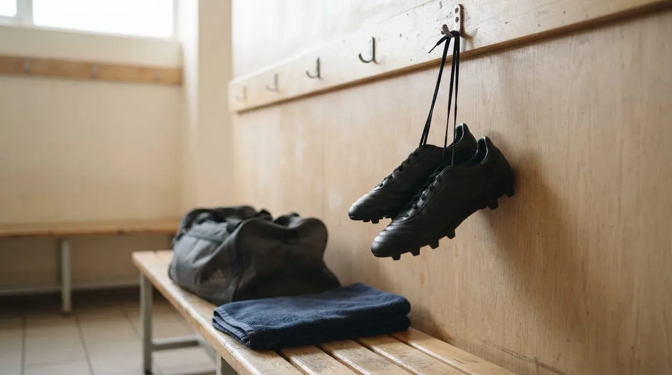Ein Paar Fussballschuhe hängt an einem Haken in einer ruhigen Umkleide, darunter steht eine Sporttasche auf einer Holzbank.