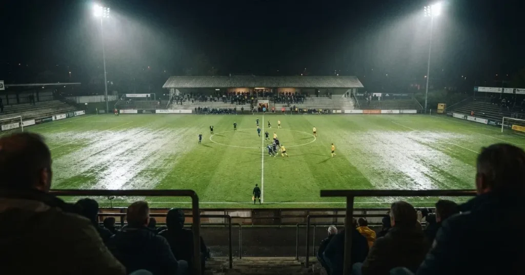 Ein Fussballspiel am Abend aus der Tribünenperspektive, die Spieler sind nur als kleine Figuren zu erkennen und das Flutlicht beleuchtet den nassen Rasen.