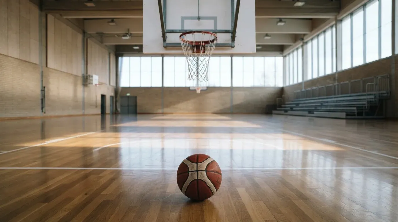 Ein Basketball liegt unter dem Korb in einer leeren Sporthalle, durch hohe Fenster fällt Tageslicht auf das Parkett.