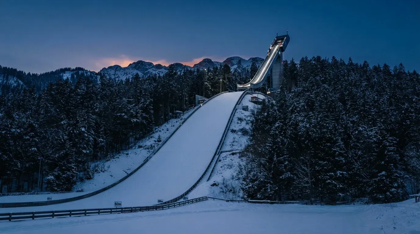 Eine Skisprungschanze ragt in der Dämmerung über einen Wald in den Alpen, der Auslauf liegt verschneit und leer da.