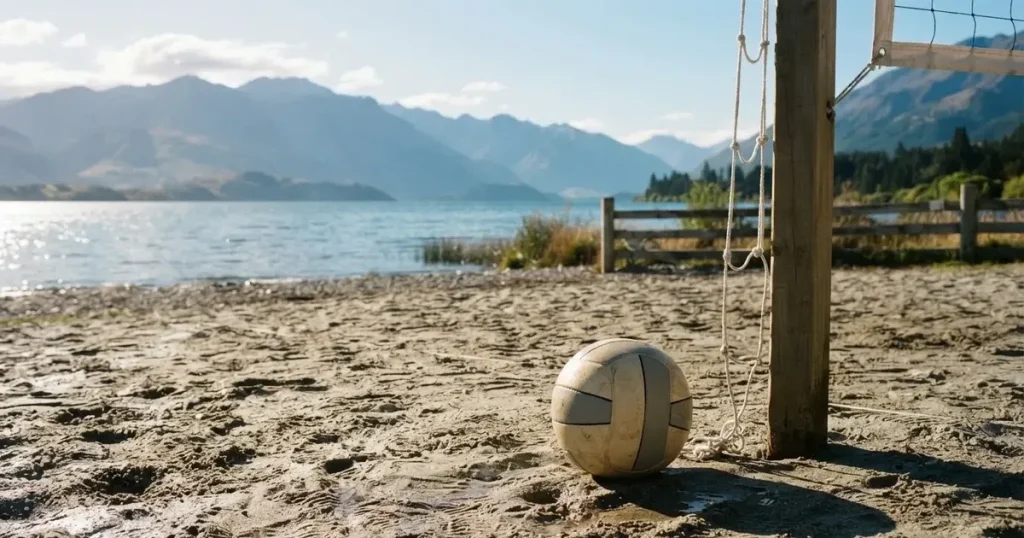 Ein Volleyball liegt am Fuss des Netzes auf Sand, im Hintergrund glitzert ein See und ein Bergzug steht im Dunst.