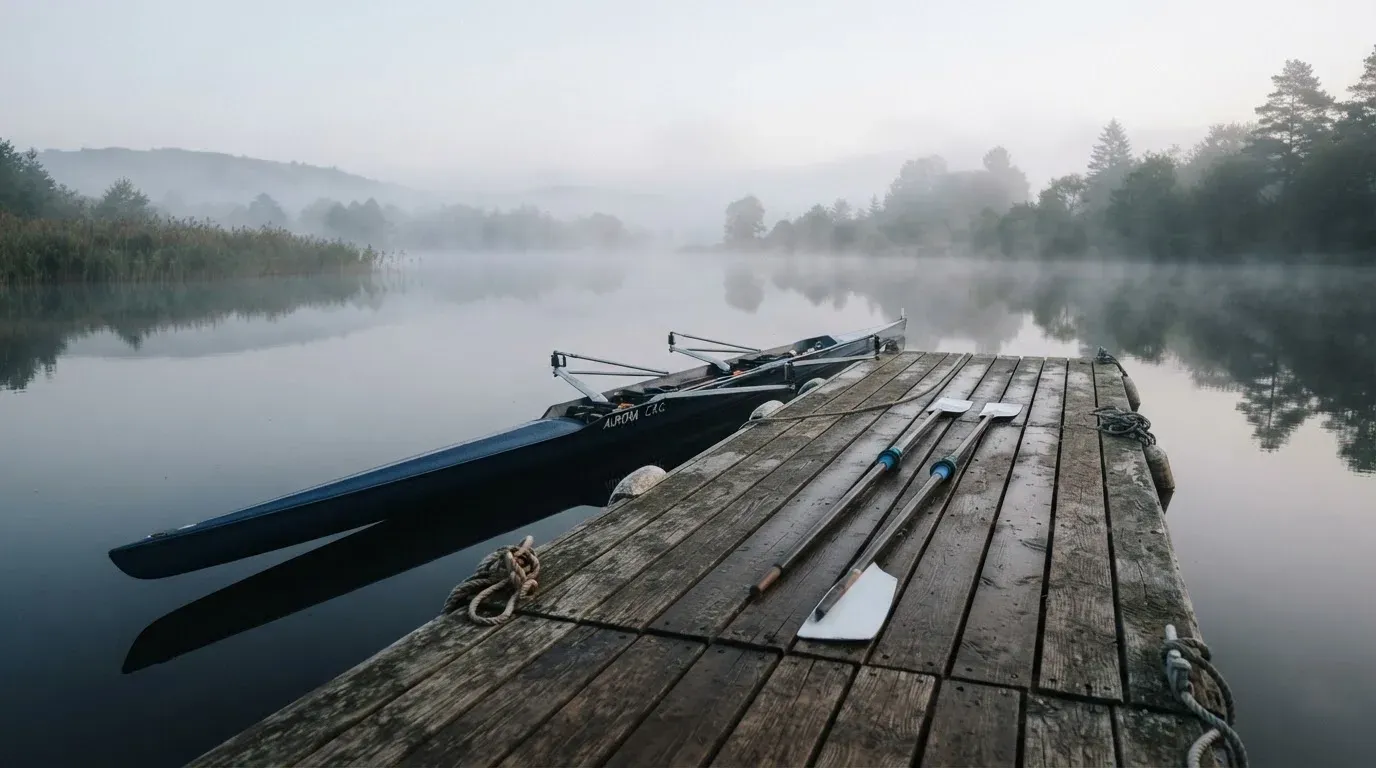Ein Ruderboot liegt an einem Steg am Ufer eines Sees, über dem Wasser steigt dünner Nebel auf.