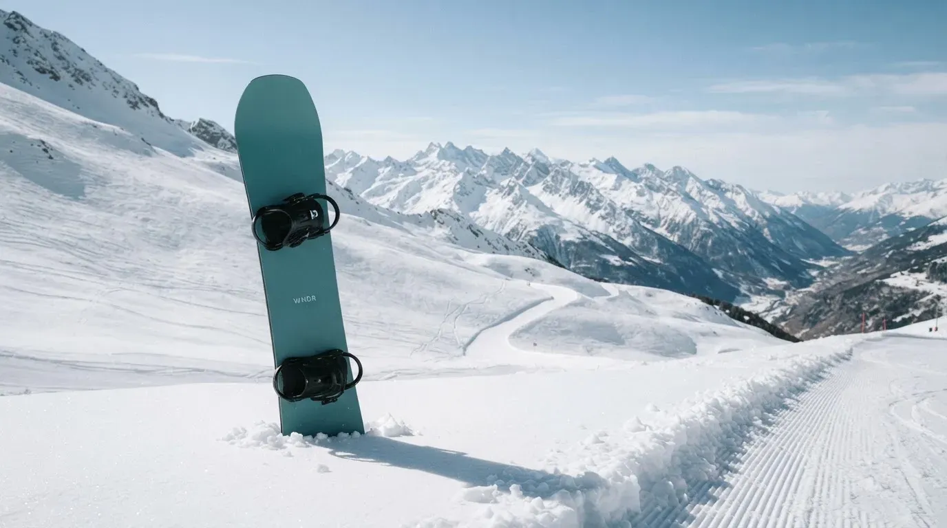 Ein Snowboard steckt aufrecht im Schnee am Rand einer Piste, dahinter spannt sich klarer Himmel über verschneiten Gipfeln.