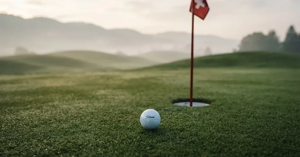 Ein Golfball liegt auf dem Grün nahe beim Loch, dahinter erstrecken sich sanfte Hügel im Nebel.