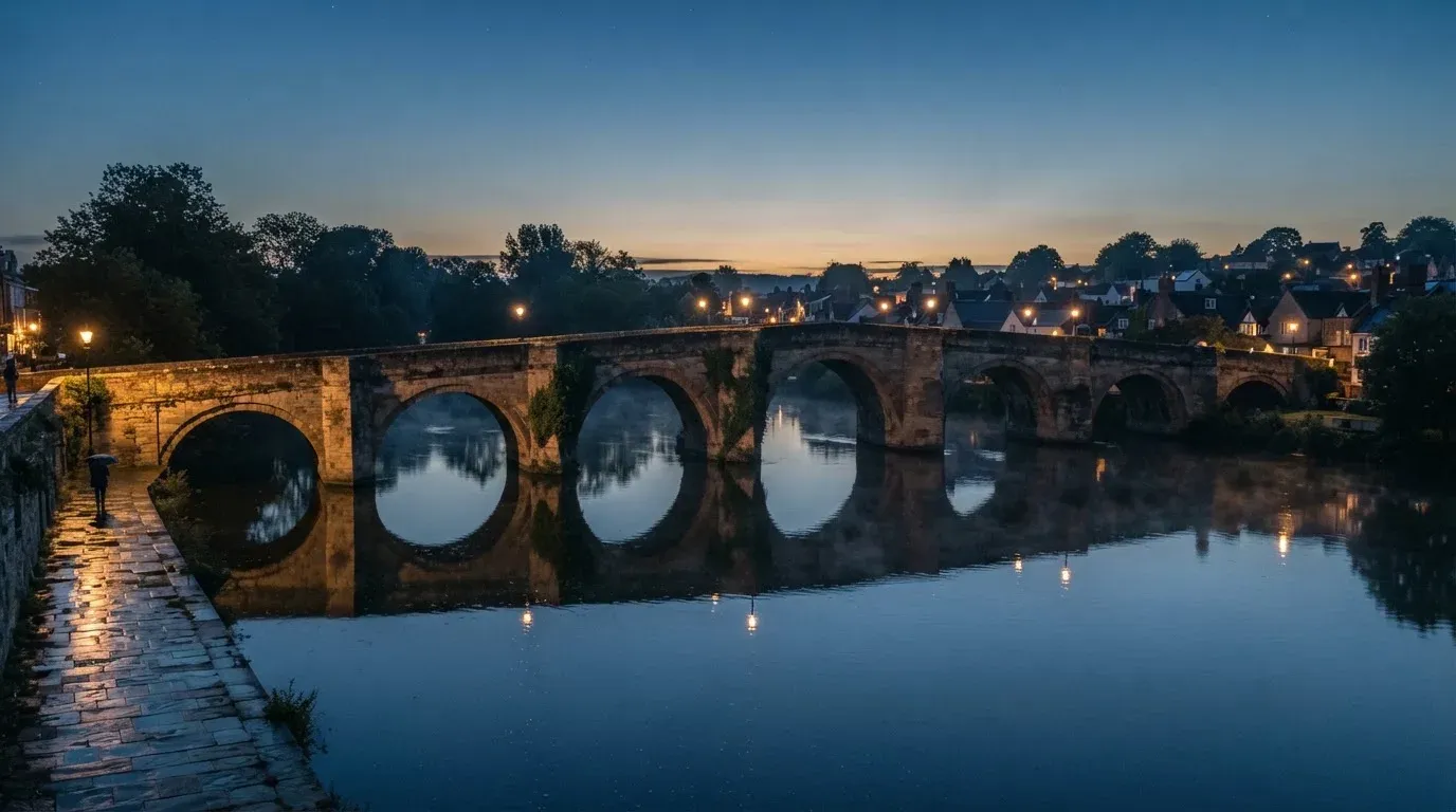 Eine Steinbrücke spannt sich in der Dämmerung über einen Fluss, auf dem Wasser liegt leichter Nebel.
