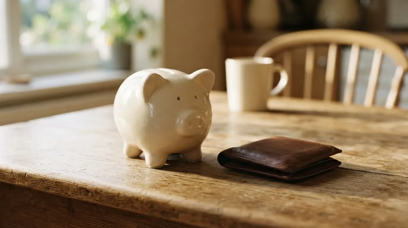 Ein Sparschwein aus Keramik steht auf einem Küchentisch neben einer leeren Geldbörse im Licht des Morgens.