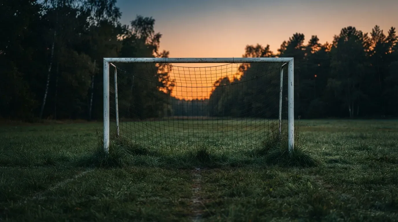 Ein Fussballtor ohne Netz steht auf einer Wiese am Waldrand, die Abenddämmerung färbt den Himmel orange.