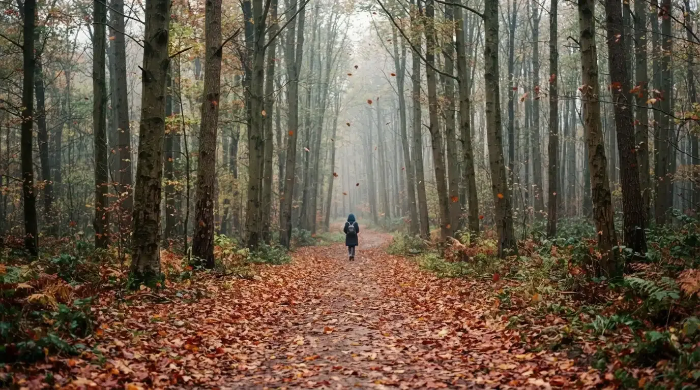 Ein Waldweg im Herbst mit buntem Laub, in der Ferne geht eine einzelne kleine Gestalt zwischen den Bäumen.