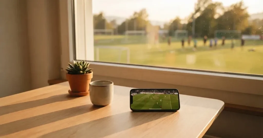 Ein aufgeräumter Schreibtisch mit Pflanze und Tasse in einem Heimbüro, vor dem Fenster liegt ein Fussballplatz im Gegenlicht.