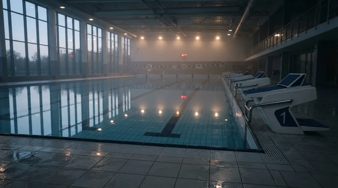 Ein leeres Schwimmbecken mit Startblöcken am Morgen, die Wasseroberfläche ist ruhig und spiegelt die Deckenlampen.
