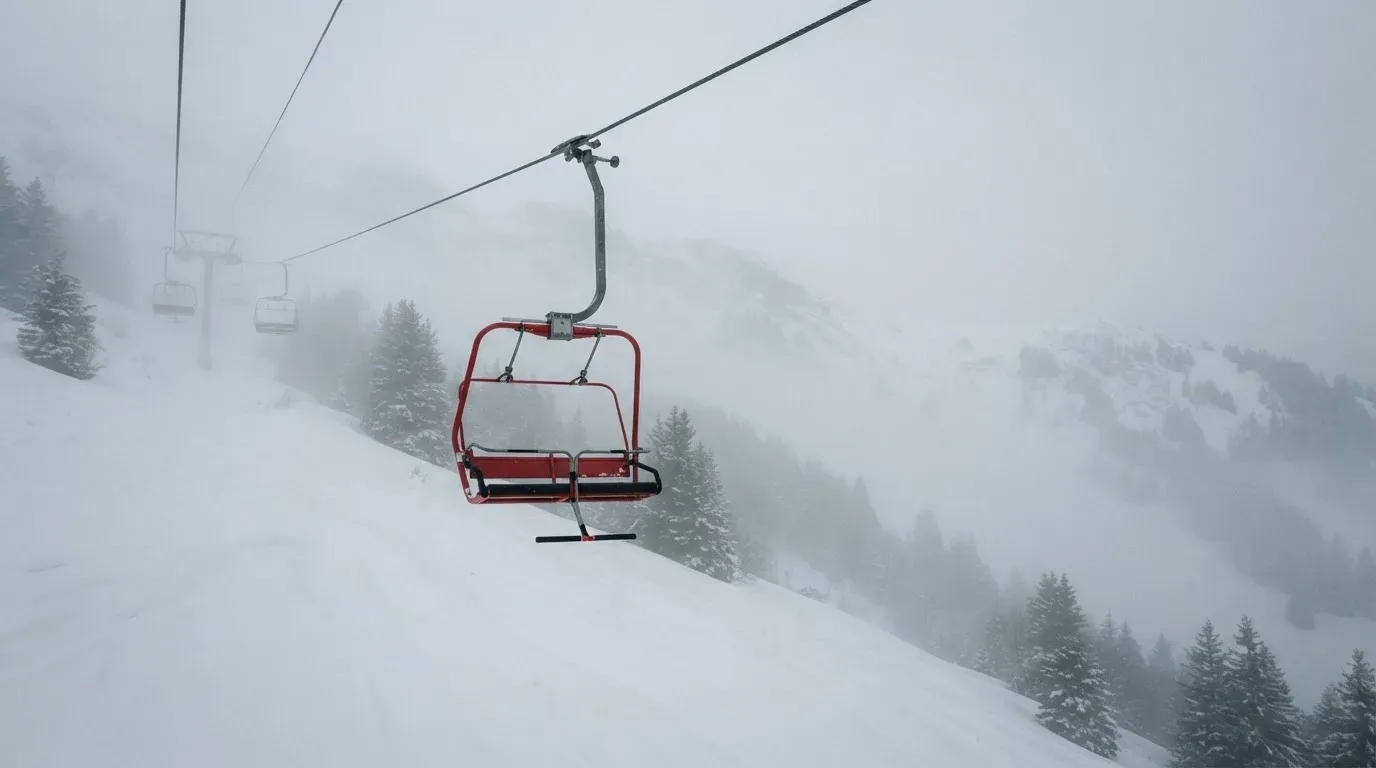 Ein Sessellift fährt leer durch dichten Nebel über eine winterliche Alp, unter ihm liegt unberührter Schnee.
