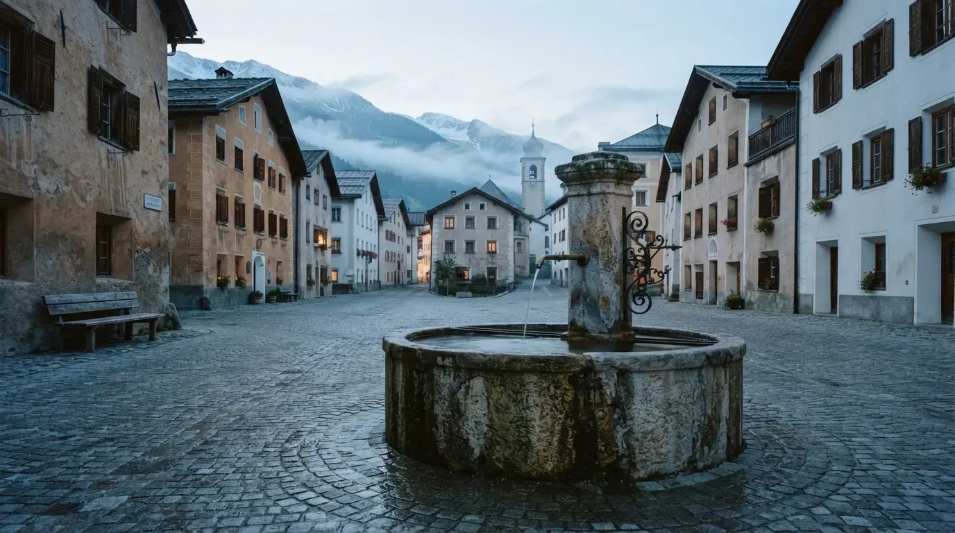 Ein stiller Dorfplatz mit einem Steinbrunnen im Frühlicht, auf dem Pflaster steht keine Person.