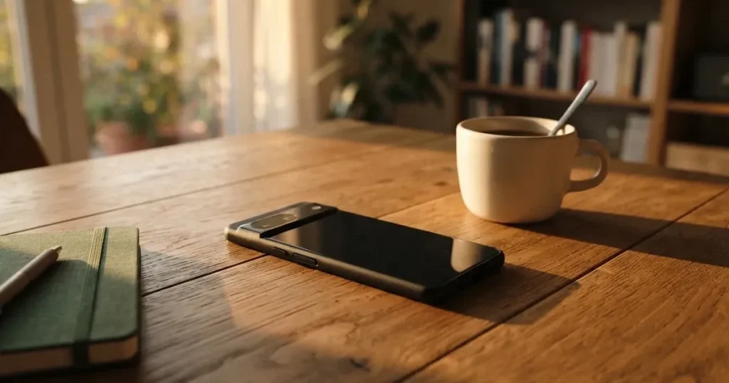 Ein Smartphone mit dunklem Display liegt auf einem Holztisch neben einer Kaffeetasse, durch das Fenster fällt warmes Abendlicht.