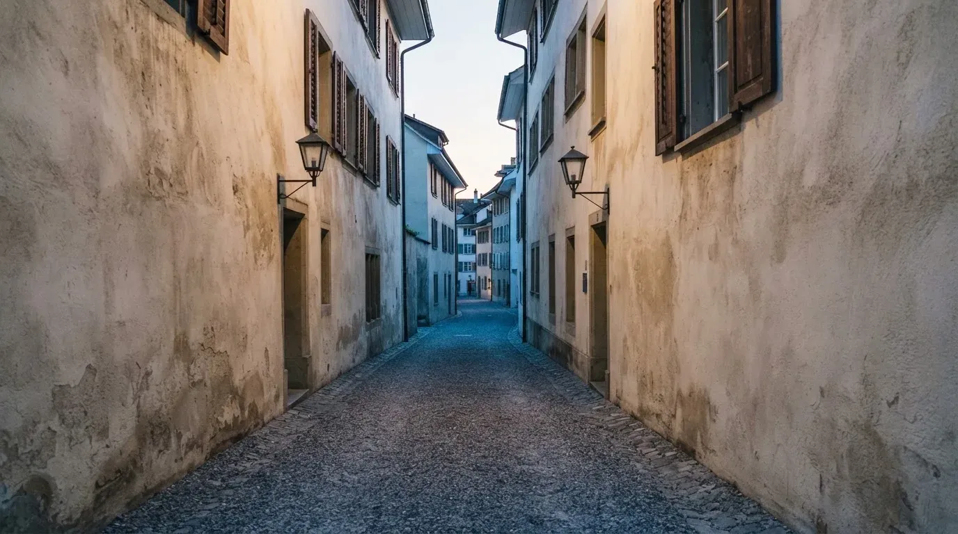 Ein schmaler Kiesweg führt zwischen zwei hellen Mauern durch eine Schweizer Altstadt, die Laternen sind noch nicht angezündet.