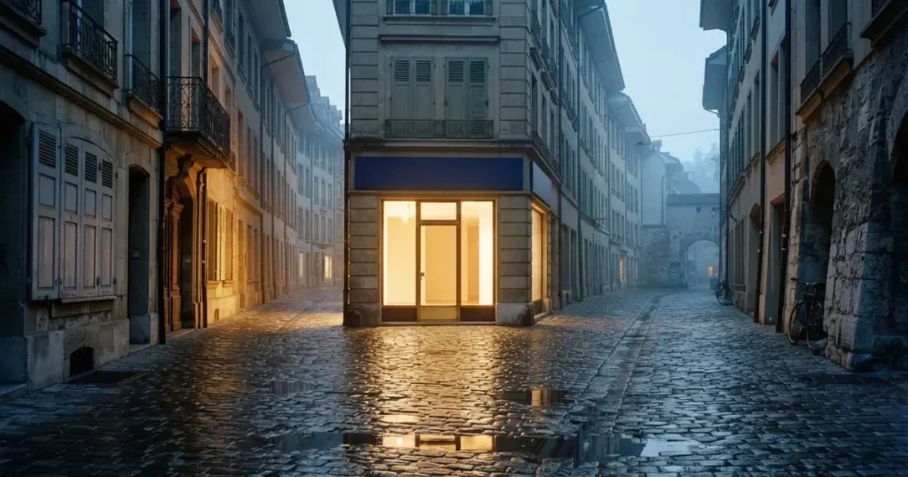 Eine Fussgängerstrasse in einer Schweizer Altstadt am frühen Morgen, nasses Kopfsteinpflaster und ein leeres Ladenlokal mit hellem Innenraum.