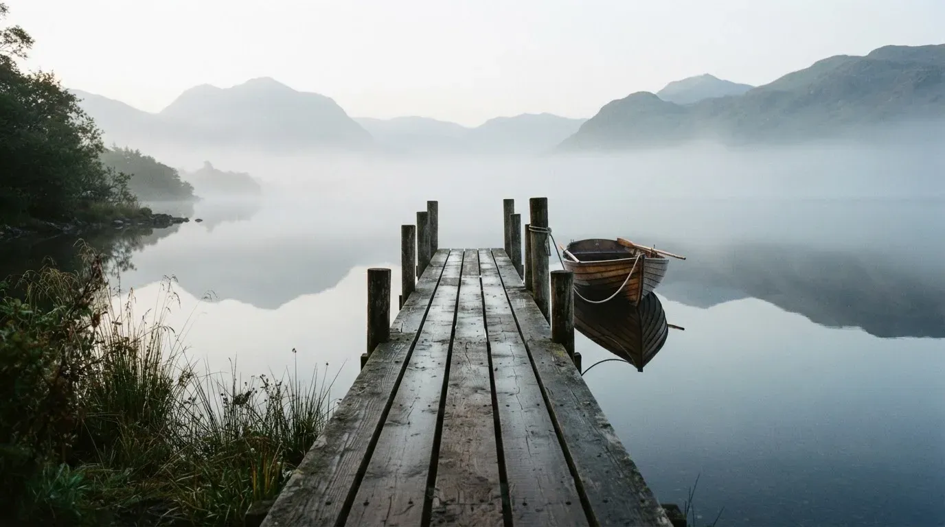 Ein Seeufer mit einem Holzsteg und einem vertäuten Ruderboot im Morgennebel, im Hintergrund die Silhouette von Bergen.