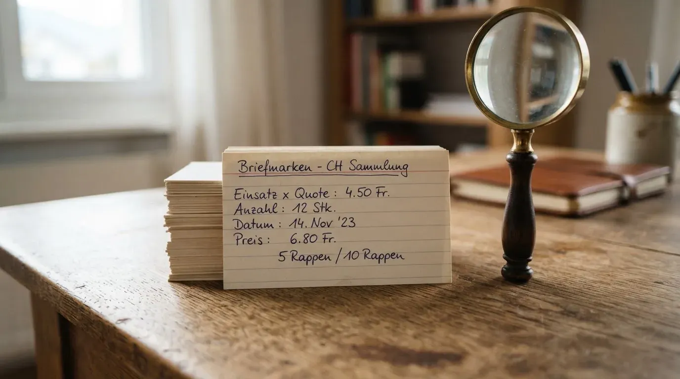 Ein Stapel handbeschriebener Karteikarten liegt auf einem Schreibtisch, daneben eine Lupe mit Messingrand.