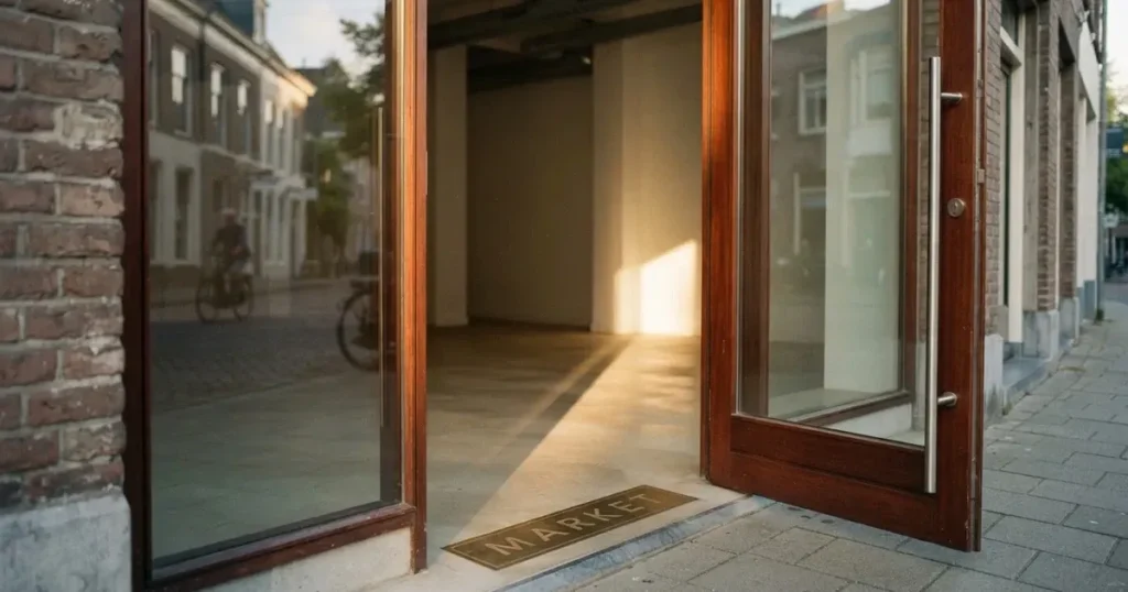 Eine frisch geöffnete Glastür führt in einen leeren Geschäftsraum, Morgenlicht fällt auf einen polierten Boden.