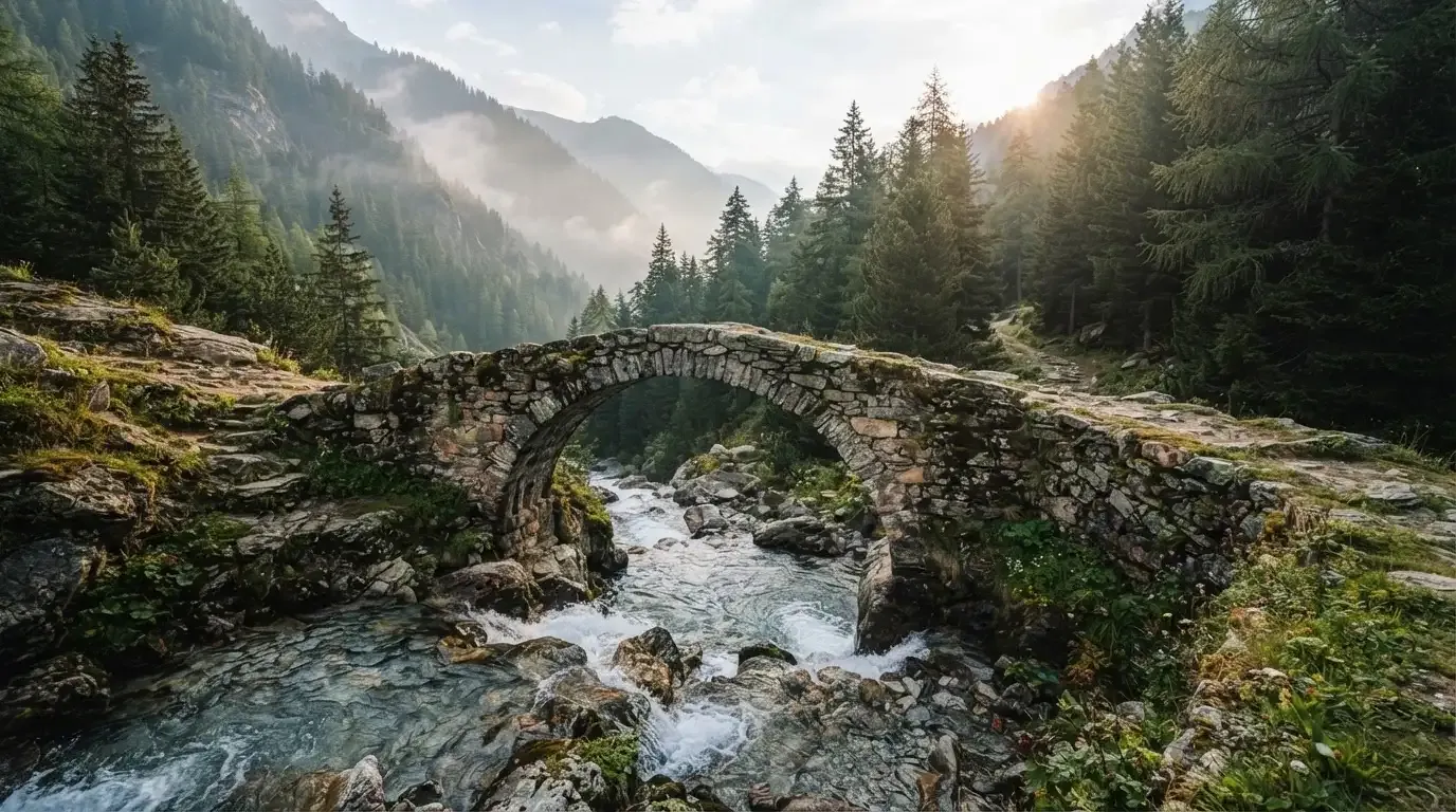 Eine Steinbogenbrücke überspannt einen Bergbach in den Alpen im Morgenlicht, an den Hängen stehen dunkle Nadelbäume.
