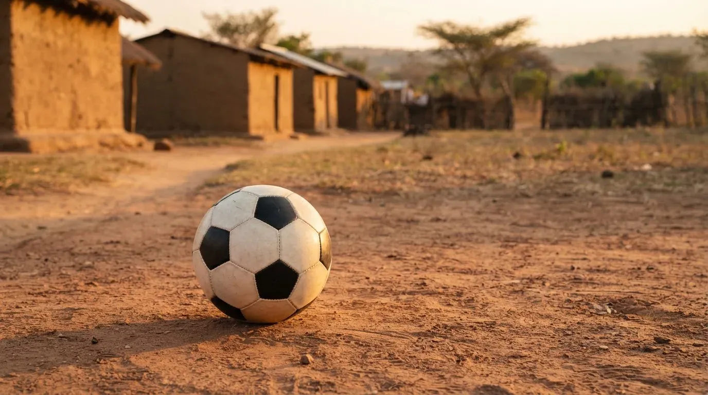 Ein Fussball liegt auf rotbraunem Sand am Rand eines Dorfes, die Abendsonne wirft lange Schatten.