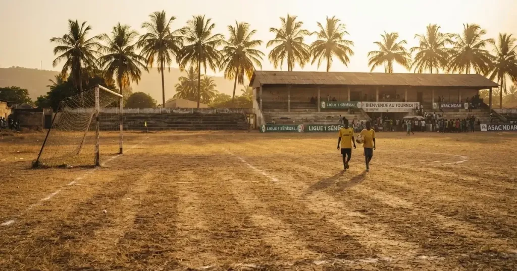Ein ausgetrockneter Fussballplatz mit Rasenstreifen im warmen Nachmittagslicht, im Hintergrund Palmen und ein flaches Stadiondach.