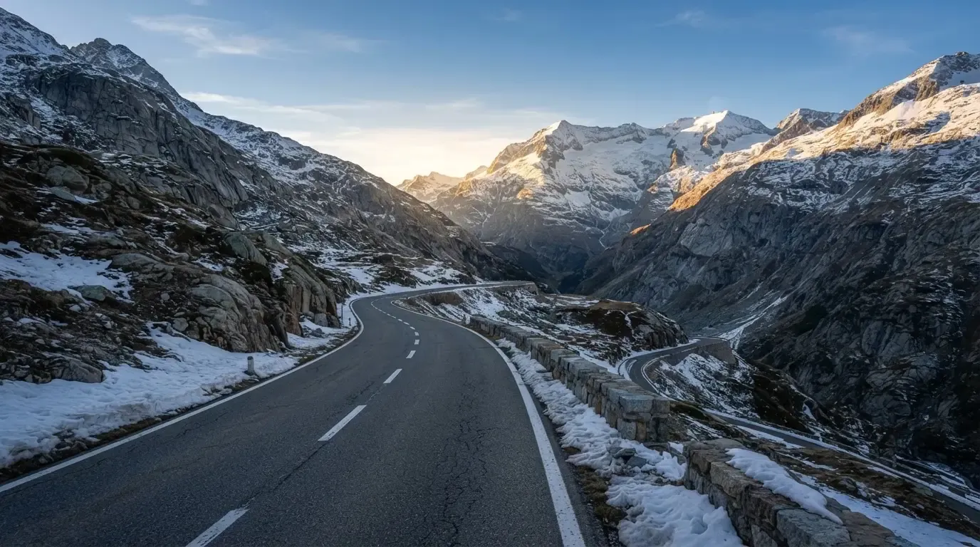 Ein Bergpass in den Schweizer Alpen mit leerer Strasse und Schneeresten am Rand im ersten Frühlicht.