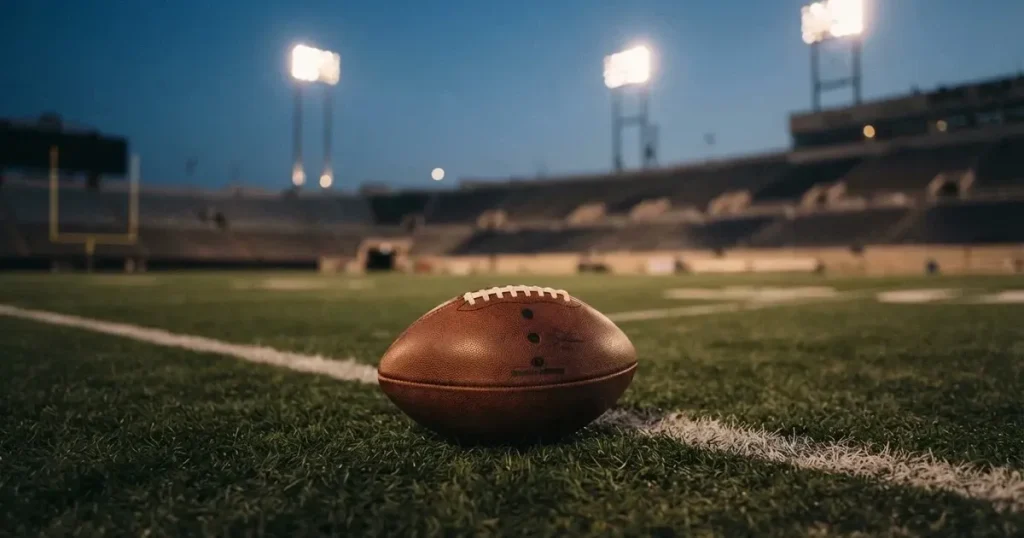 Ein eiförmiger Lederball liegt auf einem frisch gemähten Rasenfeld mit weissen Linien, im Hintergrund stehen Flutlichtmasten in der Dämmerung.