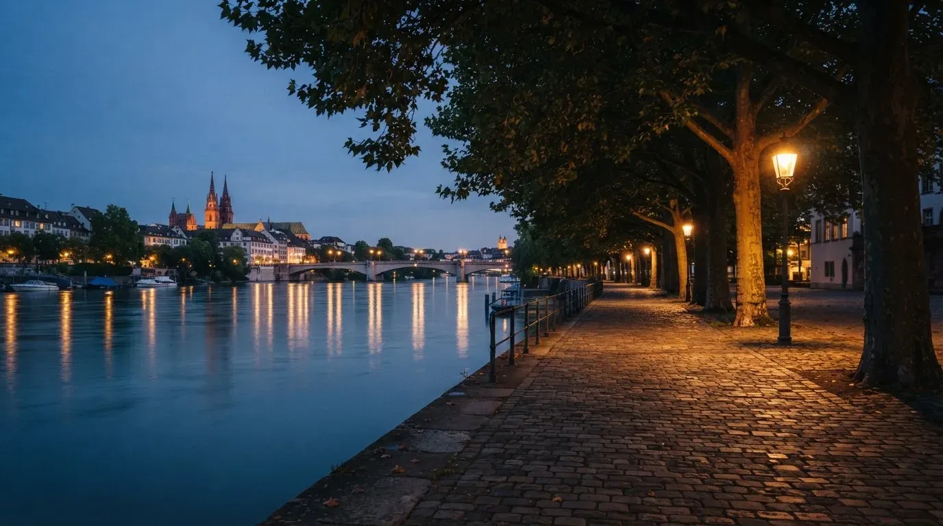 Eine Rheinpromenade mit hohen Bäumen am Abend, das Wasser spiegelt das Licht der ersten Laternen.
