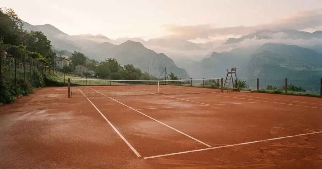 Ein Sandplatz im ersten Morgenlicht, die Linien sind frisch gezogen, das Netz bewegt sich leicht im Wind, Berge im Dunst.