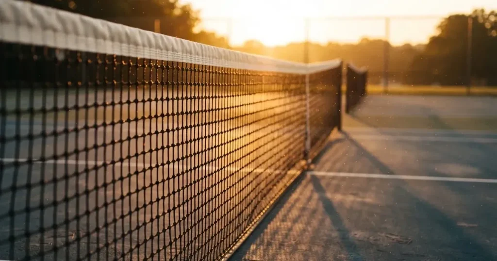 Ein Tennisnetz in Nahaufnahme im Gegenlicht der tiefstehenden Sonne, feine Staubkörner schweben über dem Platz.