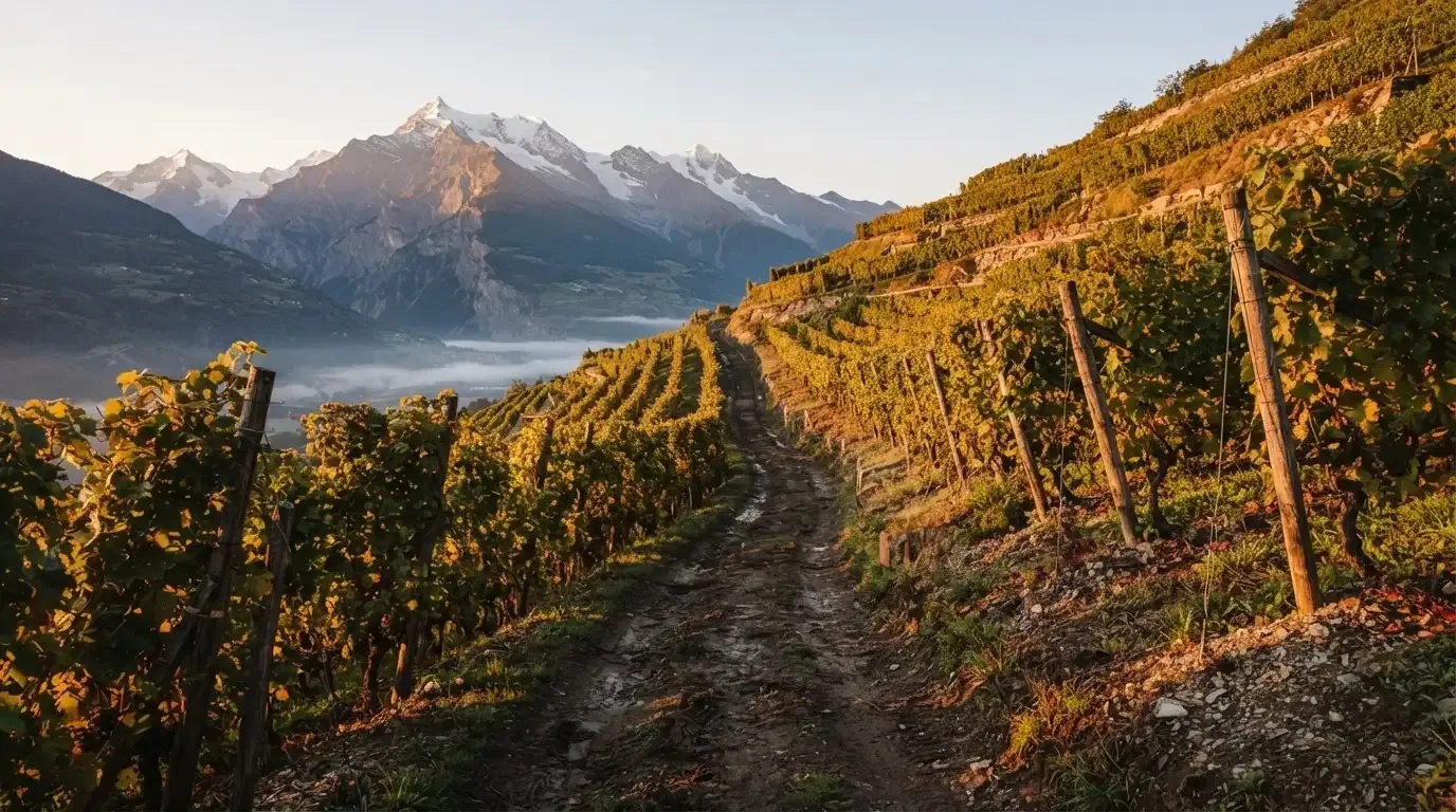 Ein Feldweg zwischen Weinreben im Wallis bei Sonnenaufgang, im Hintergrund hohe Berge und klare Luft.