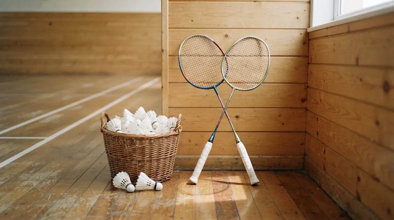 Zwei Badmintonschläger lehnen gekreuzt an einer Hallenwand aus Holz, daneben steht ein Korb mit Federbällen.