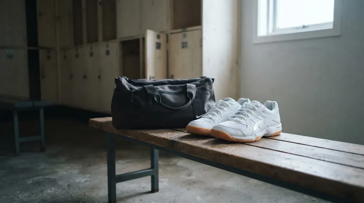 Ein Paar Hallenschuhe steht ordentlich neben einer Sporttasche auf einer Bank in einer leeren Garderobe, ein Fenster lässt Morgenlicht herein.