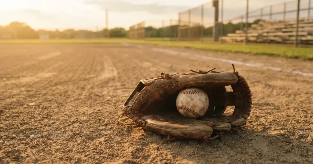 Ein Lederhandschuh und ein Ball liegen auf dem Sandboden eines leeren Spielfelds, die tiefstehende Sonne wirft lange Schatten.