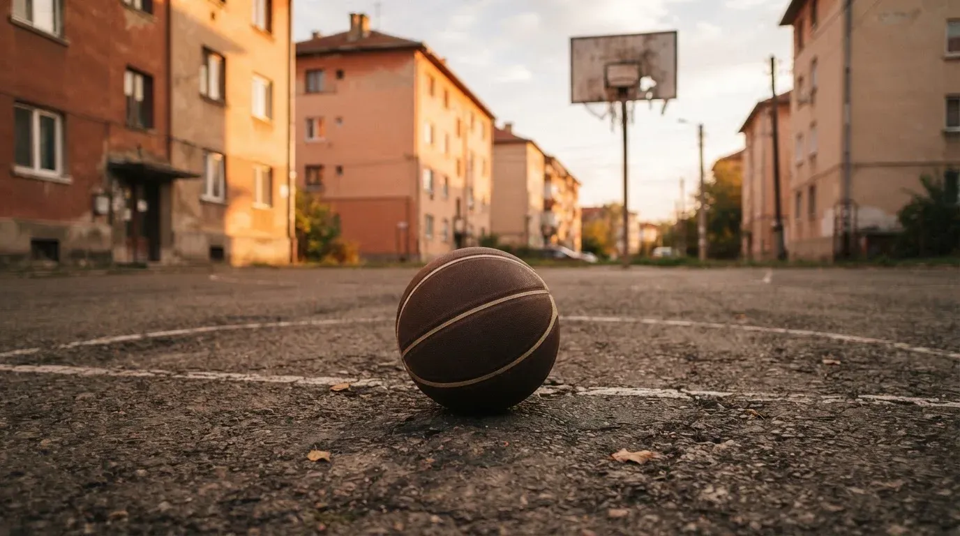 Ein Basketball liegt auf einem Asphaltplatz in einem Hinterhof zwischen Wohnblöcken, das Abendlicht färbt die Wände warm.