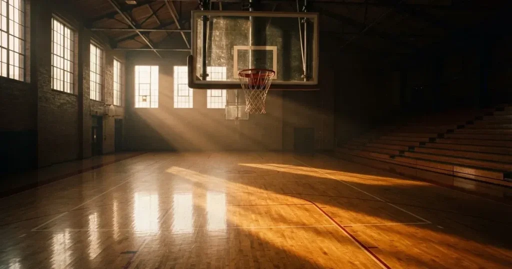 Ein Basketballkorb mit Netz in einer leeren Halle, Licht fällt von hohen Fenstern auf den glänzenden Parkettboden.