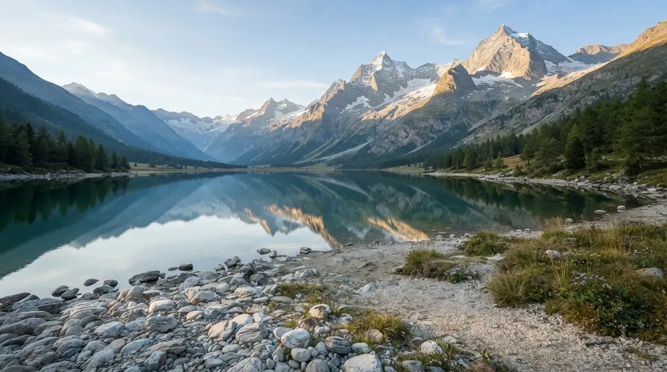 Ein Bergsee mit ruhigem Wasser und Gipfeln im Morgenlicht, am Ufer liegen glatte Steine.