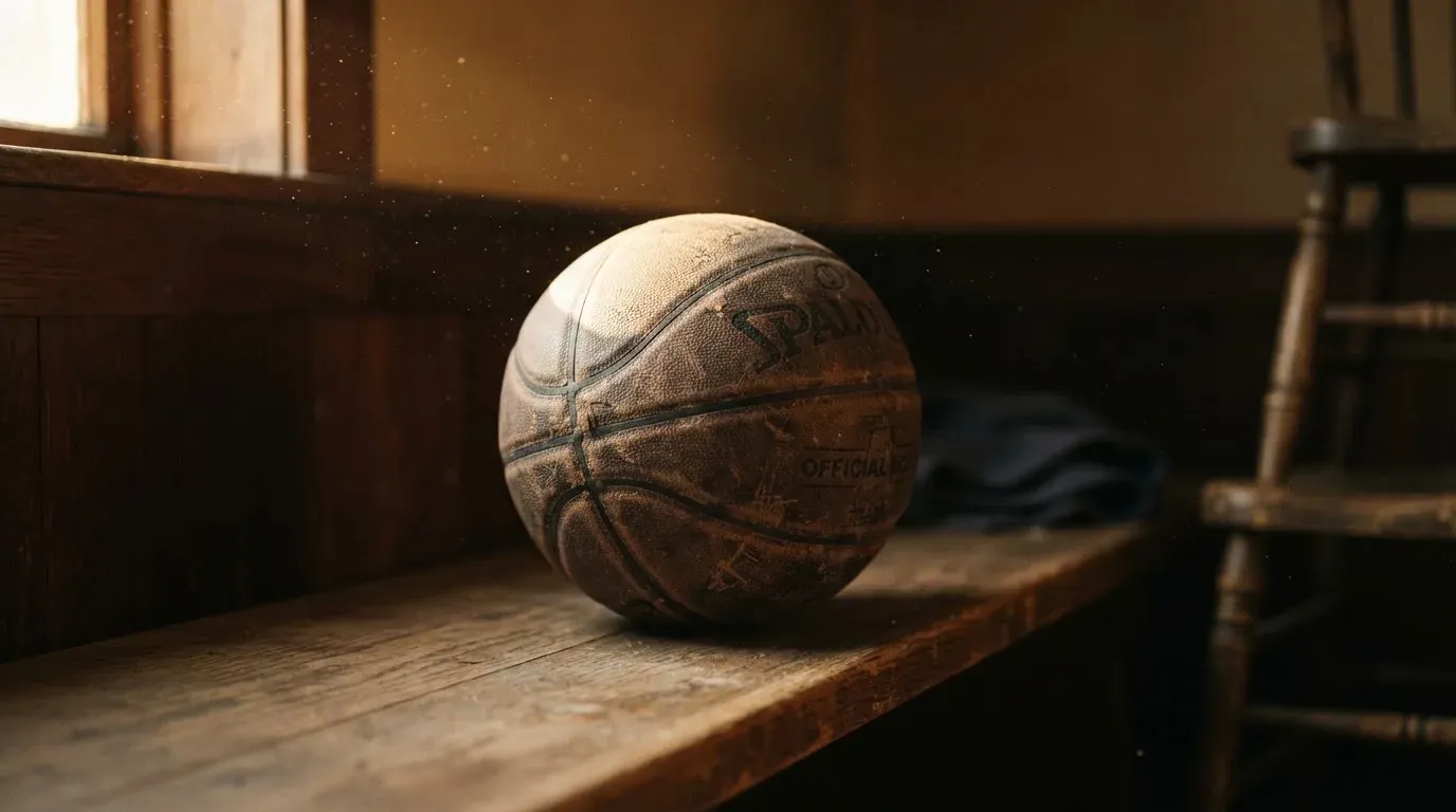 Ein abgenutzter Lederball liegt auf einem Holzregal in einem Vereinsraum, ein Sonnenstrahl macht den Staub sichtbar.