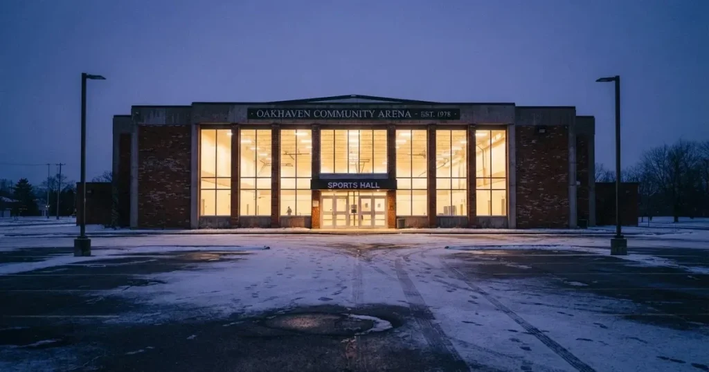 Eine Sporthalle von aussen in der Dämmerung mit erleuchteten Fenstern, davor ein leerer Parkplatz mit etwas Schnee.