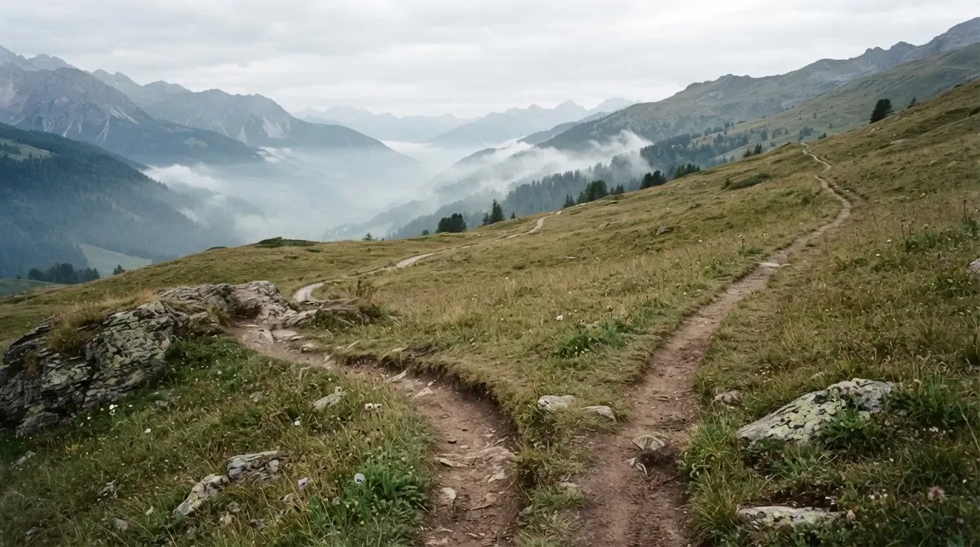 Eine Weggabelung auf einer Alpweide, zwei Pfade teilen sich zwischen Steinen, im Tal steigt Nebel auf.