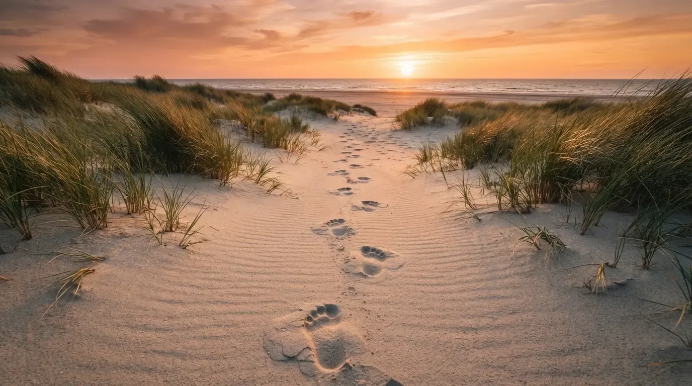 Spuren im Sand führen durch Dünengras auf den Horizont zu, die Sonne steht tief und färbt den Himmel orange.