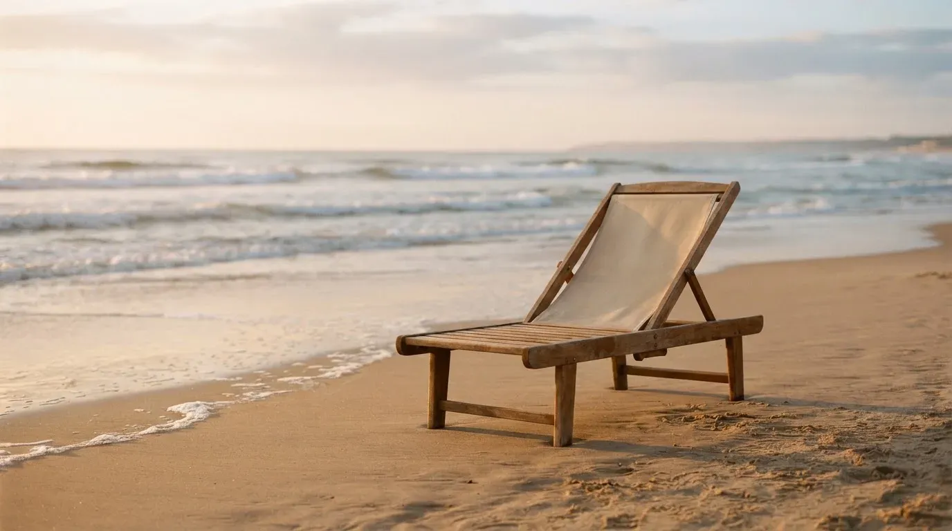 Ein leerer Liegestuhl aus Holz steht am Rand eines Sandstrands, Abendlicht und ruhige Wellen im Hintergrund.